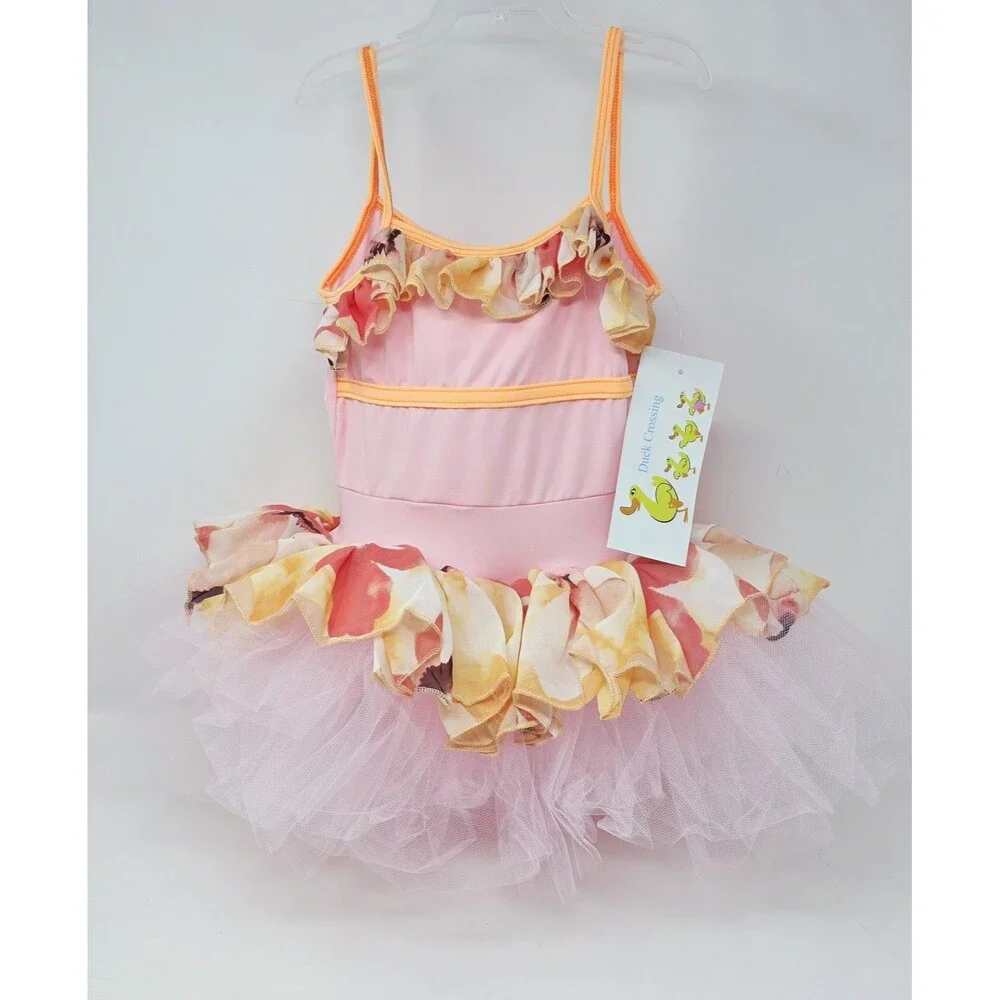 Duck Crossing Girls Ballet Tutu Skirted Leotard Dress 1pc Pink Orange Ruffle